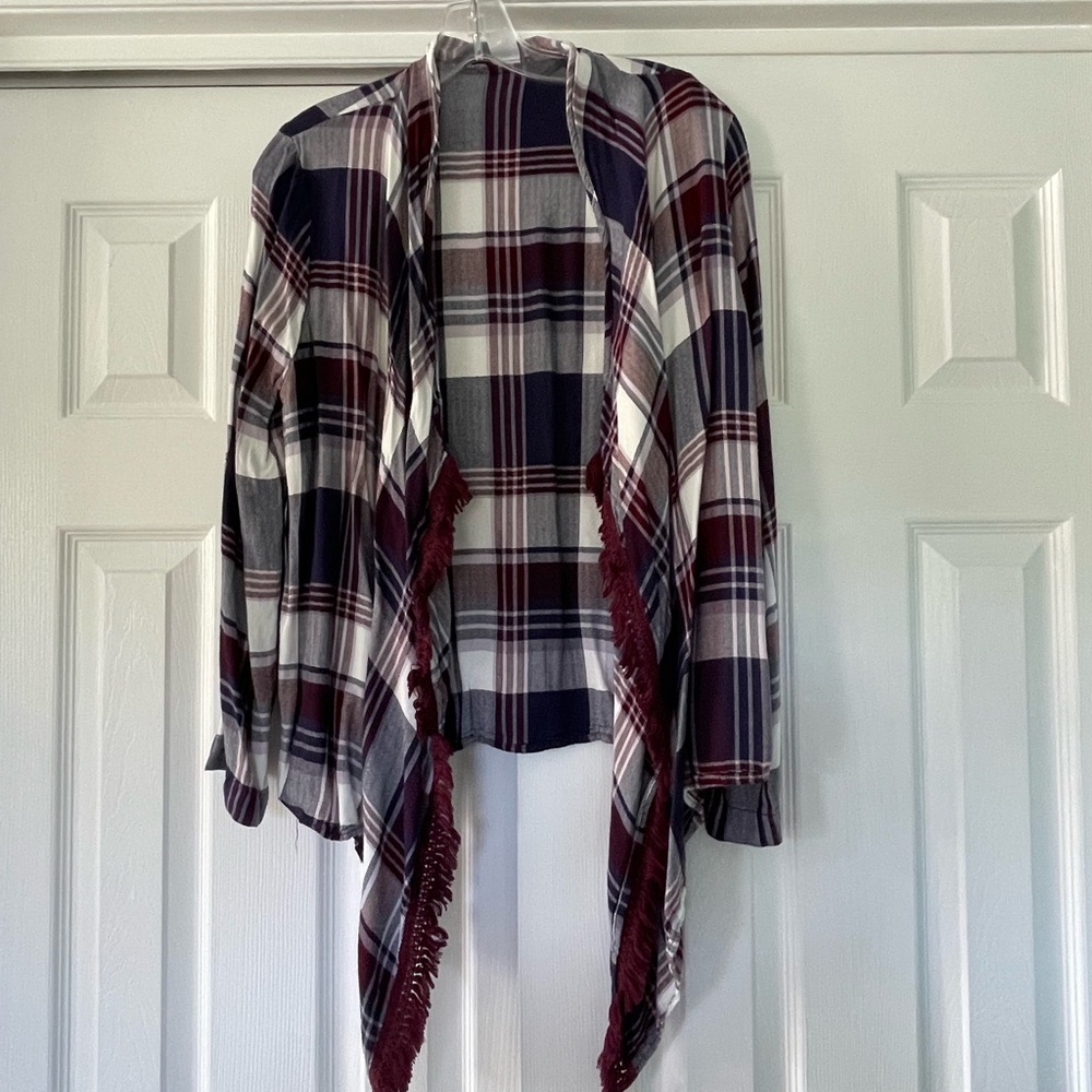 Plaid Fringe Open Cardigan